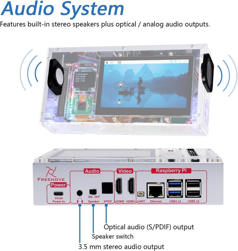 FREENOVE Raspberry Pi 5 PC Case with 4.3'' Touchscreen, M.2 NVMe SSD Slot 1231 MB/s, 5 MP Camera, OLED Screen, Stereo Speakers, 3.5 mm and Optical Audio (S/PDIF) - Image 5